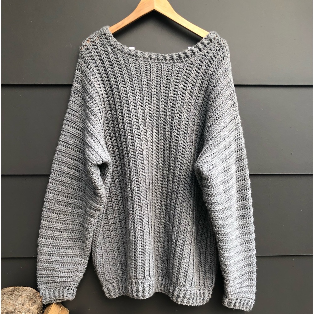 Oversized Hand Knit Sweater in Grey - Scoop neck - Chunky Rib - XXL